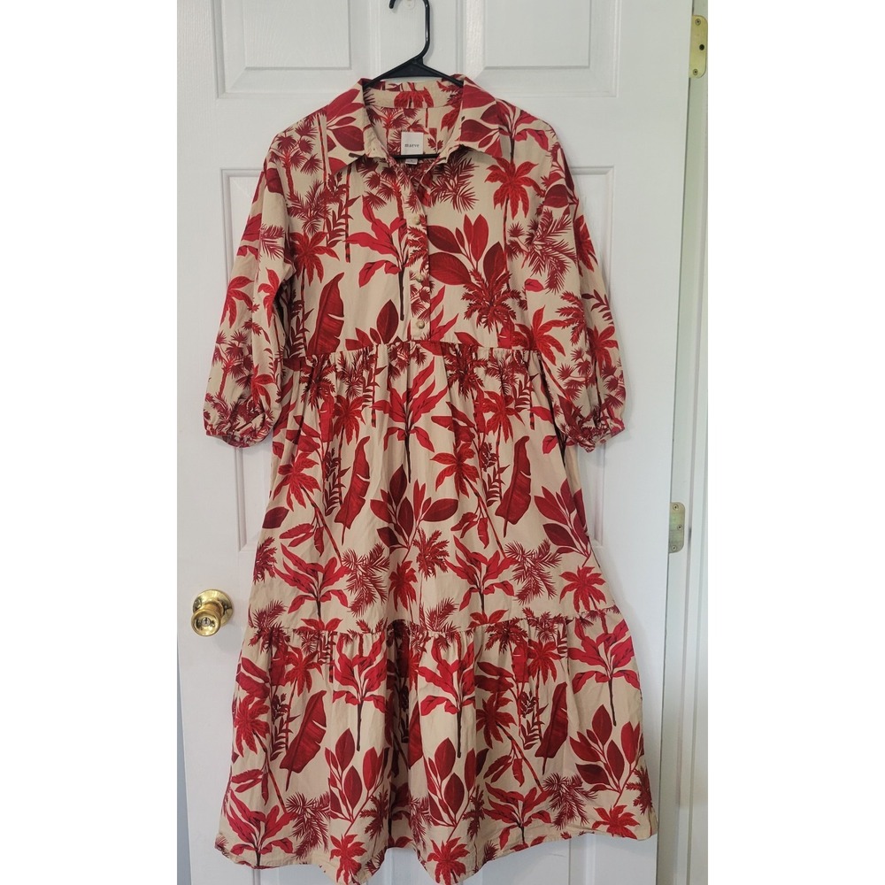 Anthropologie Maeve Bettina Dress Small Red Tropical Palm Print Cotton Midi